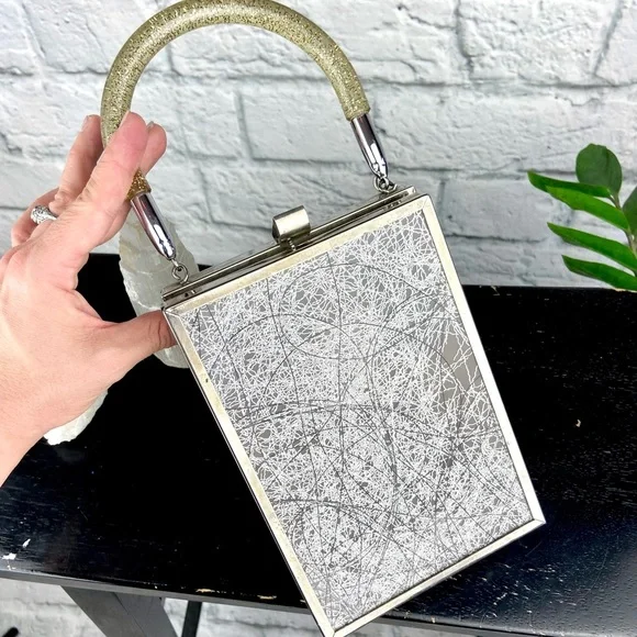 Vintage Chrome Lucite Purse Metallic Tinsel Retro 50s 60s Mod Mid-Century